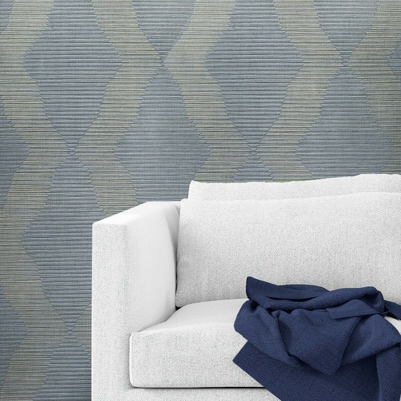 Wallpaper blue gray gold geometric faux grasscloth fabric