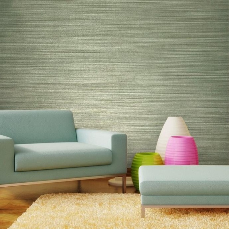 Wallpaper green brown Textured Plain faux grasscloth lines - 27 inc x 33 ft