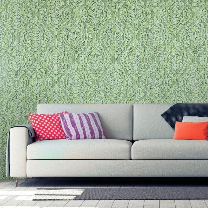 Wallpaper green Textured Victorian rustic drips diamond ogree damask - 21 inc x 33 ft
