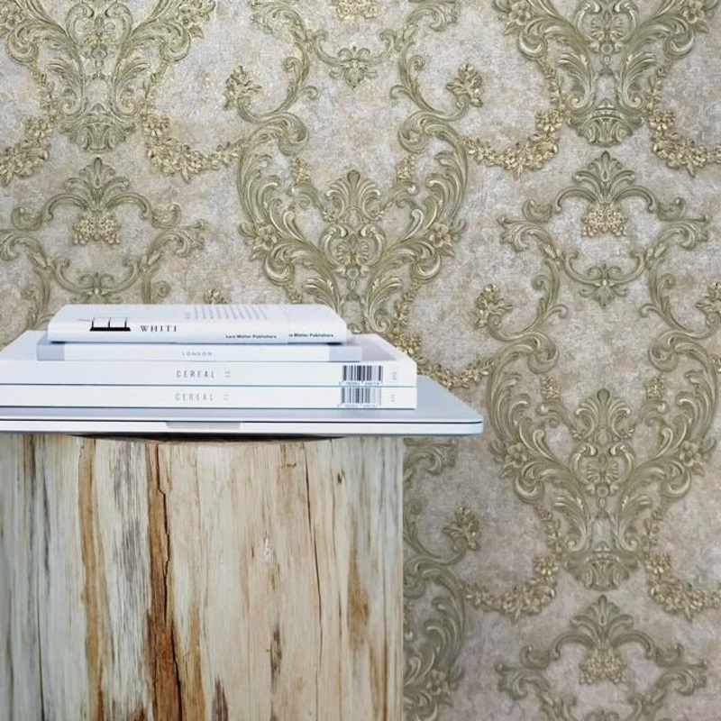 Wallpaper taupe gold metallic textured plaster effect Victorian Damask - 42 inc x 33 ft