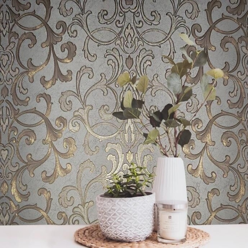 Wallpaper textured wallcoverings modern damask gray gold bronze metallic roll 3D