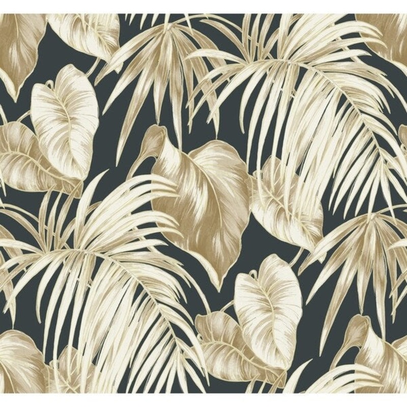Dominica Leaves/Leaf/Tropical Wallpaper, In Black, Metallic Gold, Camel, & White