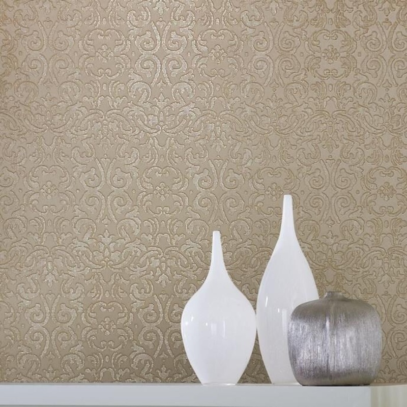 Victorian Damask Coffee beige Tan Cream Embossed Wallpaper - 42 inc x 33 ft
