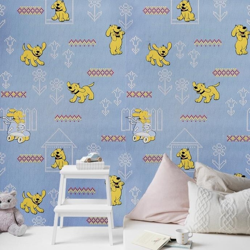 Wallpaper doggies blue dogs nursery kids room textured 3D - 21 inc x 33 ft