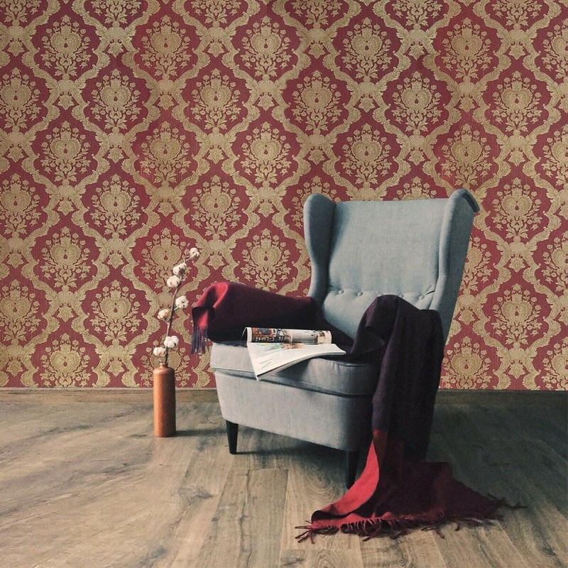 Burgundy gold metallic Victorian faux fabric Wallpaper