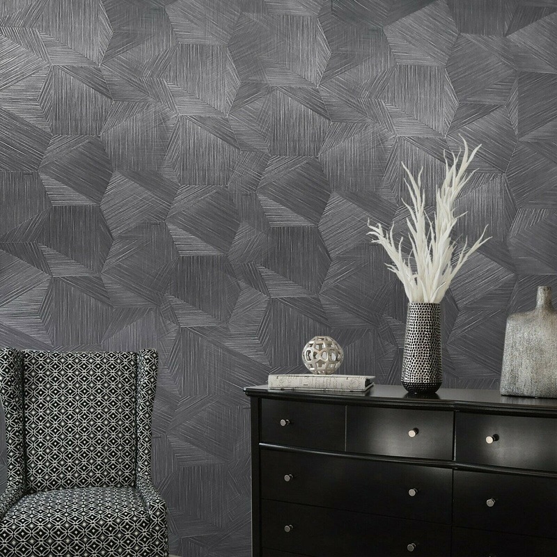 Charcoal Black hexagon faux grasscloth textured wallpaper 3D