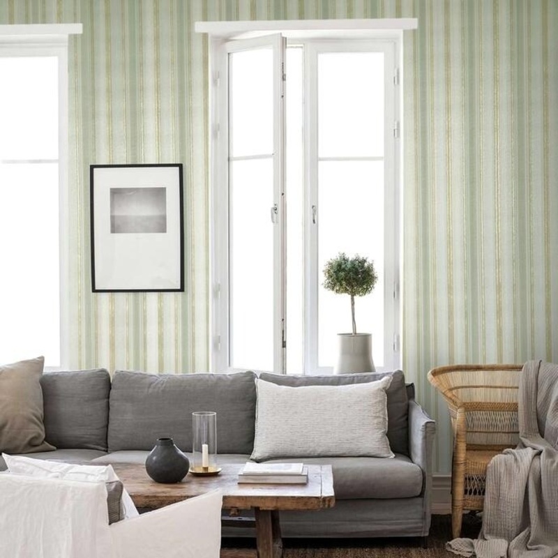 Embossed Wallpaper green gold metallic stripes stria lines - 42 inc x 33 ft