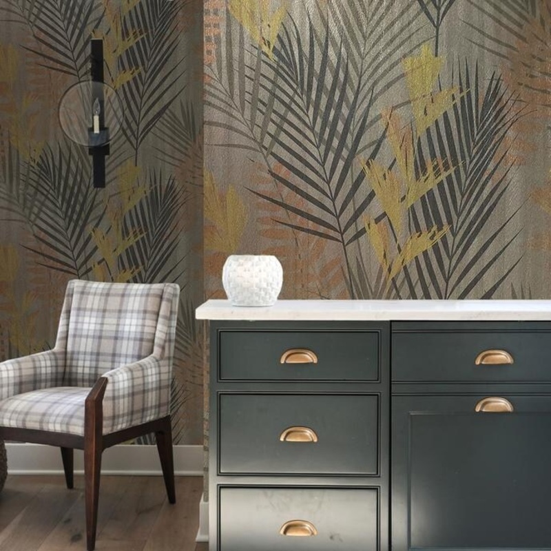 Textured Wallpaper Bronze Metallic Tropical Palm Leaves - 27 inc x 33 ft