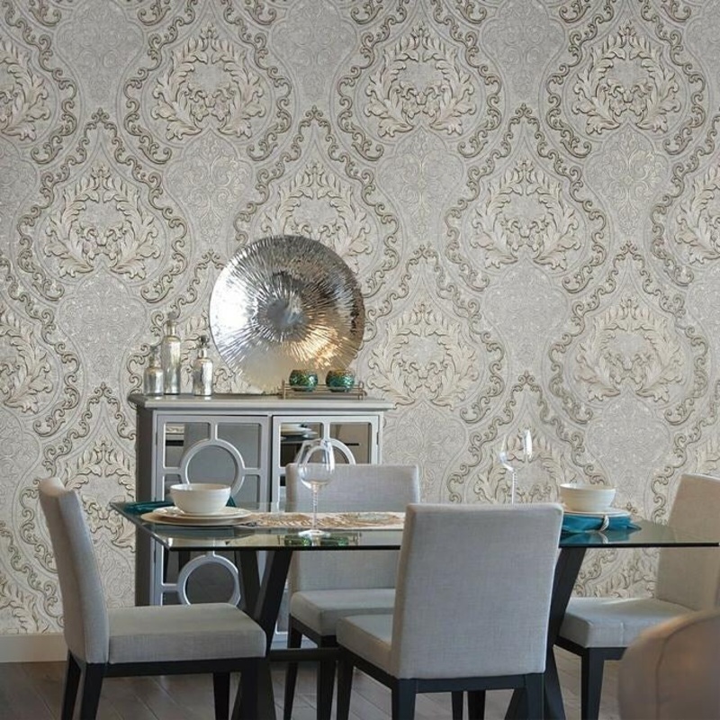 Victorian Wallpaper Persian Damask mocha taupe gold Metallic - 42 inc x 33 ft