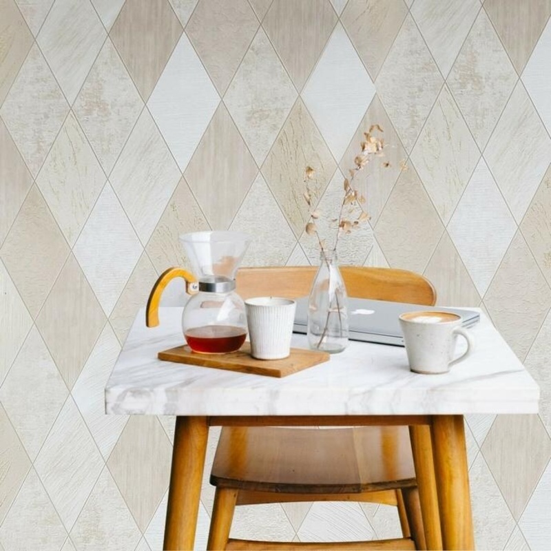 Wallpaper beige tan cream gold metallic Textured diamond lines Tiles - 21 inc x 33 ft