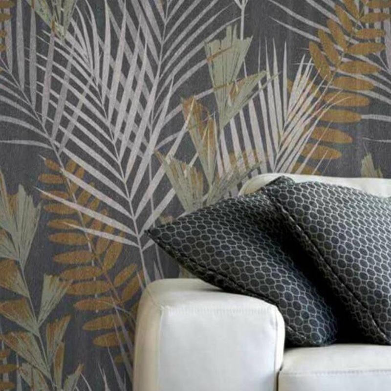 Wallpaper Black Metallic Tropical Palm Leaves Abstract - 27 inc x 33 ft