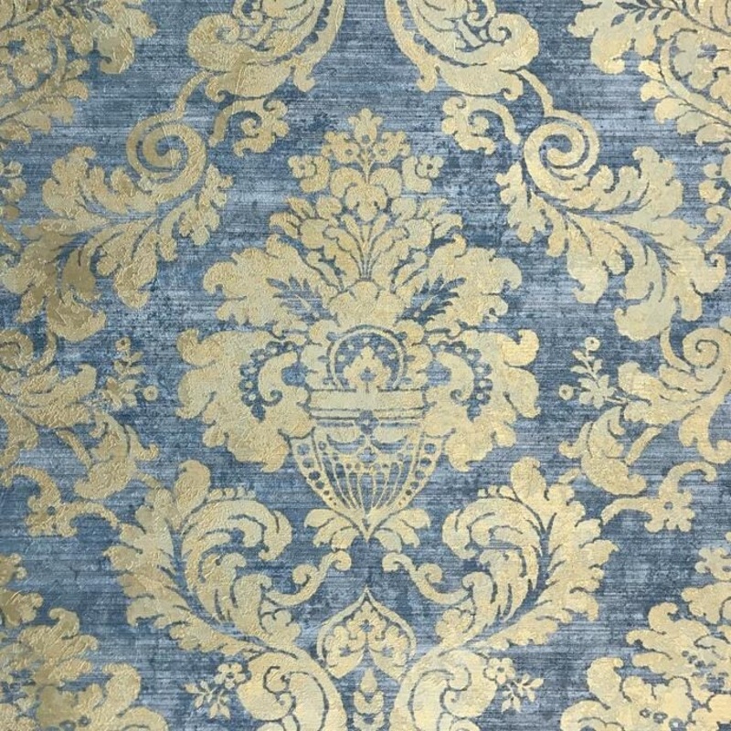 Wallpaper Blue yellow Gold Metallic rustic Damask Textured - 21 inc x 33 ft