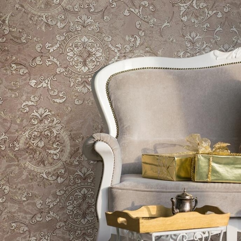 Wallpaper Damask Rustic Bronze metallic gold embossed greek key - 42 inc x 33 ft