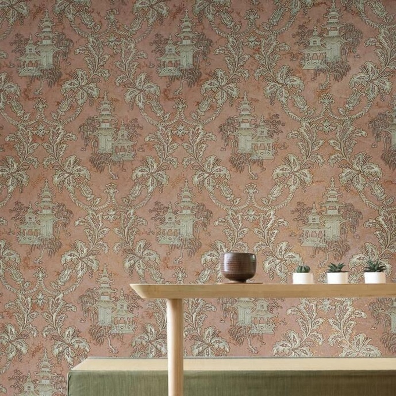 Wallpaper Oriental Scenic Asian Copper Gold Metallic textured floral damask roll - 42 inc x 33 ft
