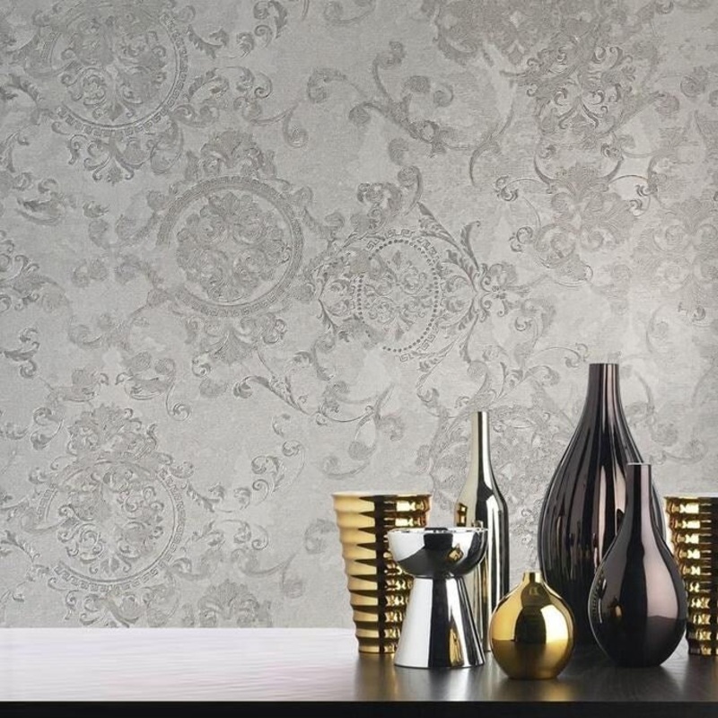 Wallpaper rusted Damask off white cream Greek key textured - 42 inc x 33 ft