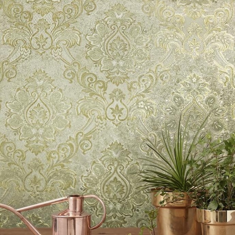 Wallpaper textured Victorian damask ivory gold metallic - 42 inc x 33 ft