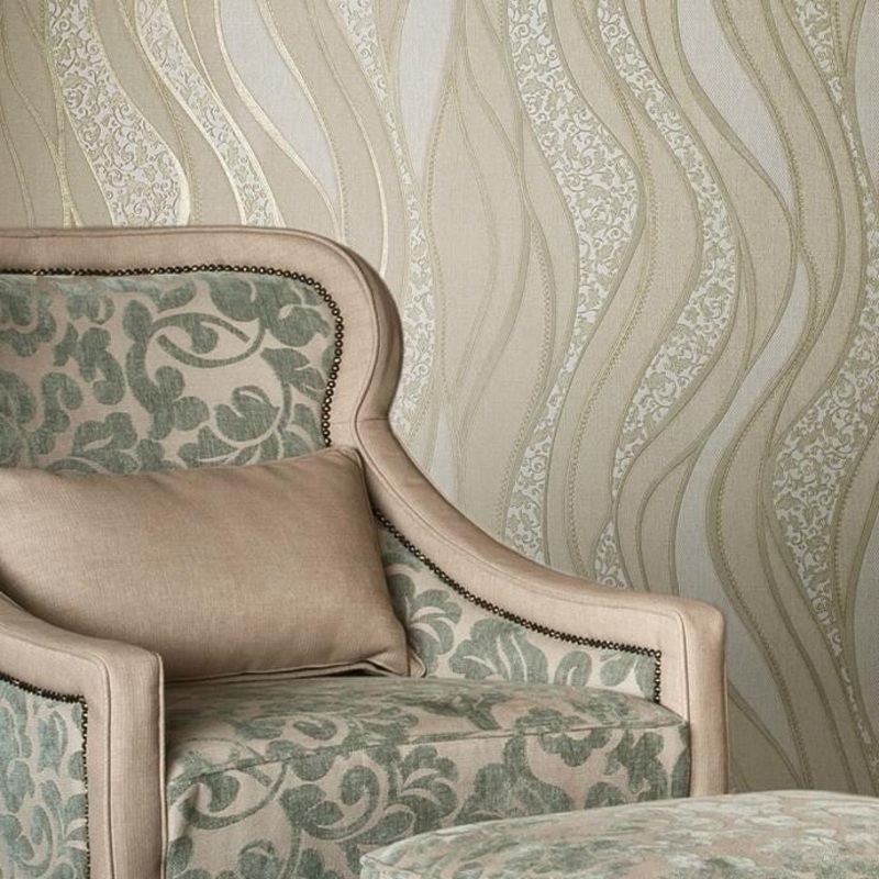 Wave lines beige Ivory Gold Metallic damask Wallpaper - 42 inc x 33 ft