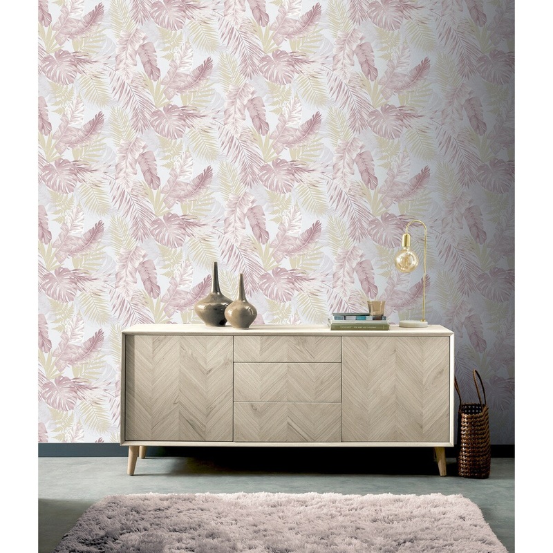 33.5 Sq. ft Tropical Leaf Blush and Gold Peel and Stick Wallpaper
