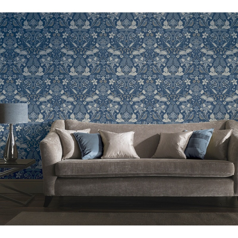 Folk Floral Denim Blue Wallpaper - 20.8 in. W x 33 ft. L