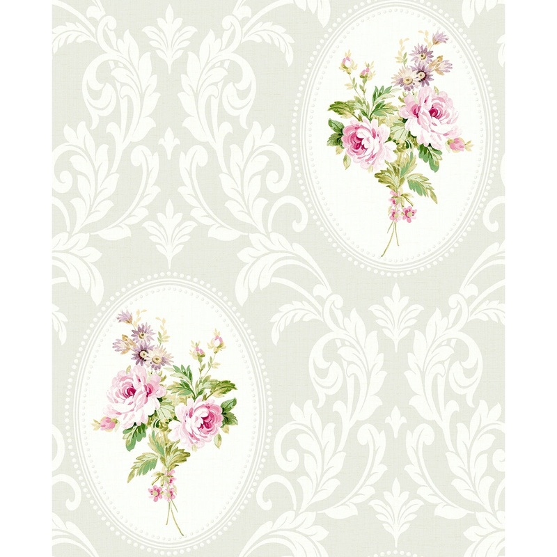Seabrook Designs Francesca Framed Bouquet Damask Unpasted Wallpaper