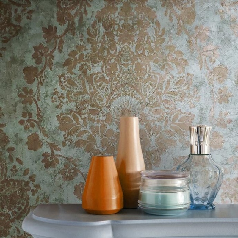 Textured Wallpaper green Metallic bronze Diamond Floral - 21 inc x 33 ft