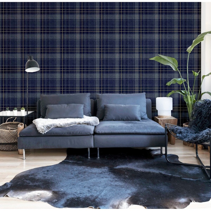 Twilled Plaid Navy and Gold Vinyl Wallpaper - 20.8 in. W x 33ft L - Double Roll