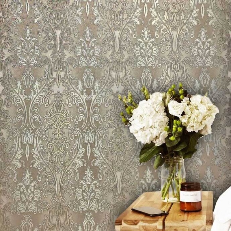 Wallpaper beige Taupe Gold metallic Wallcoverings Textured Damask - 42 inc x 33 ft