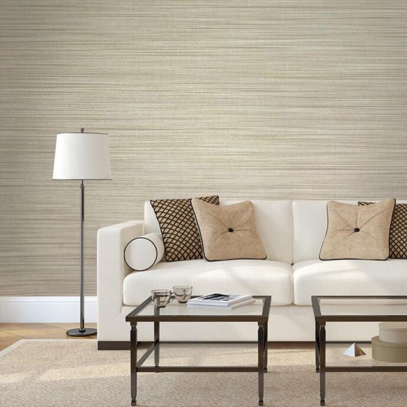 Wallpaper beige Textured Plain faux grasscloth lines - 27 inc x 33 ft