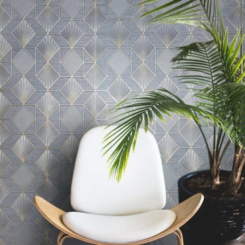Wallpaper blue gold metallic textured geometric diamond triangle - 42 inc x 33 ft