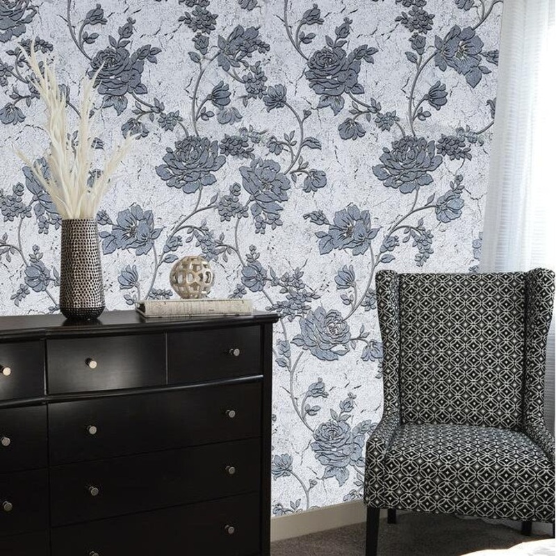 Wallpaper gray flowers white gold metallic floral cracked plaster - 21 inc x 33 ft