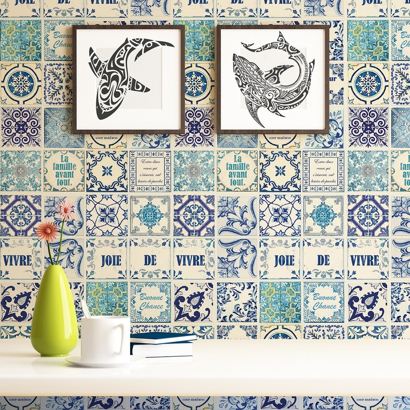 Walplus Tile Stickers Peel and Stick French Quote Classic Blue Wall Sticker Decal