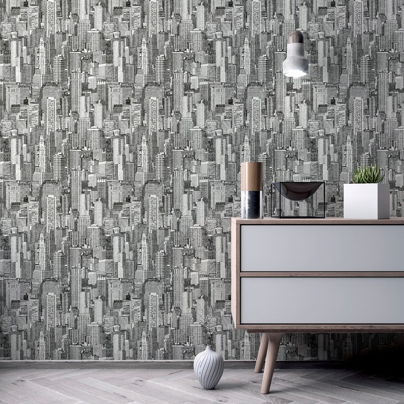 33.5 Sq. ft. Manhattan Buildings Mono Peel and Stick Wallpaper - Single Roll