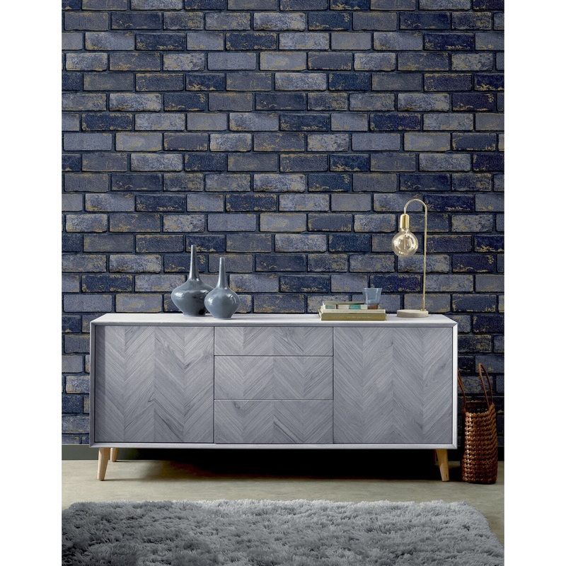 33.5 Sq. ft. Metallic Navy Brick Peel and Stick Wallpaper