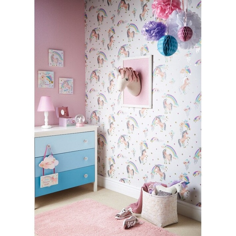 Arthouse Rainbow Unicorn White Wallpaper