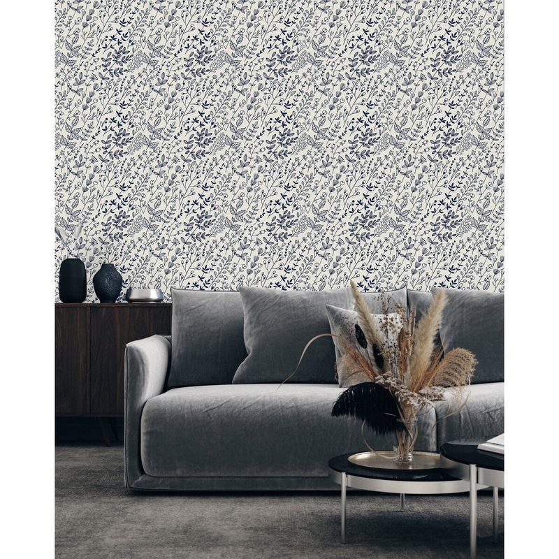 Dark Blue Botanical Leaves Wallpaper