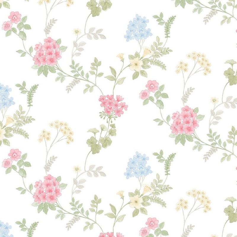 Fern Floral Wallpaper in Pinks, Green and Yellows