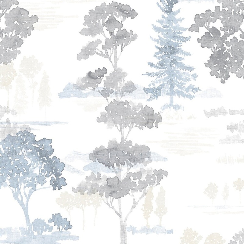 Forest Wallpaper in Beige, Blue & Grey