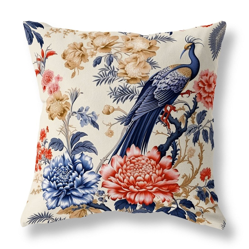 Beige And Grey Peacock Panache Faux Suede Throw Pillow