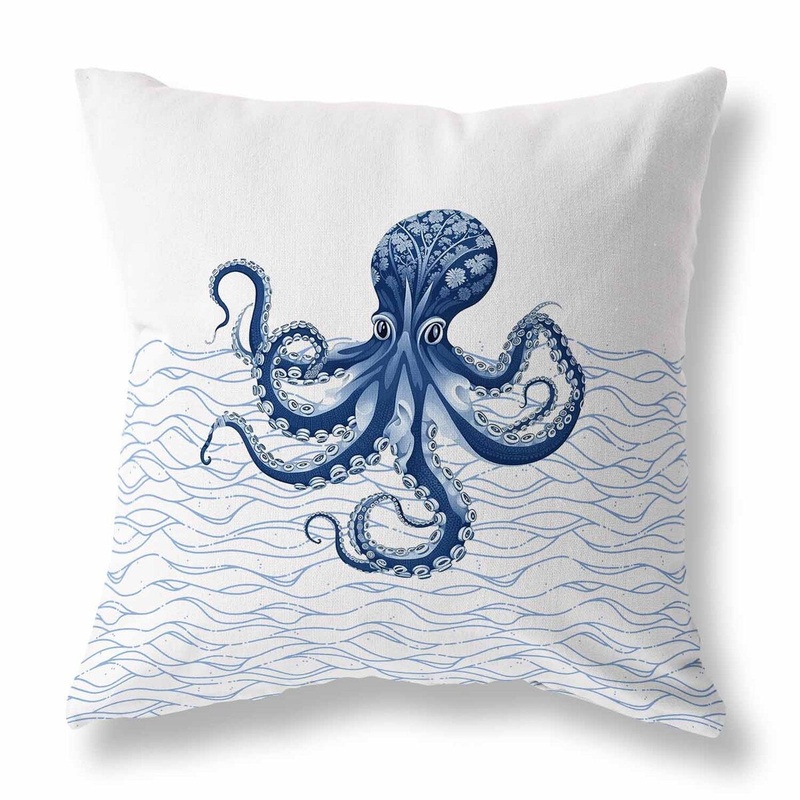 White And Blue Oceanic Octo Art Faux Suede Throw Pillow
