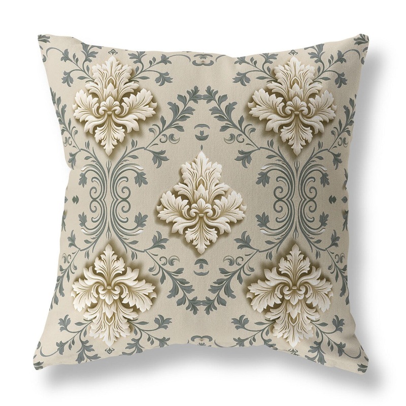 Beige And Grey Art Deco Elegance Indoor/Outdoor Throw Pillow Zipper