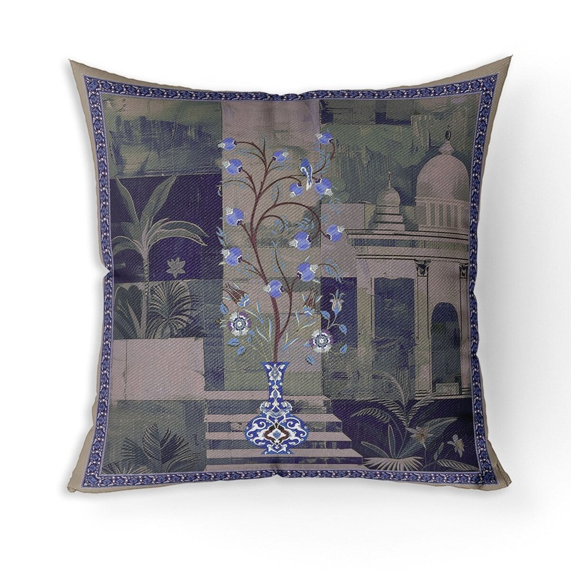 Shahi Garden Bloom Broadcloth Pillow With Removable Cover in Blue Light Orange