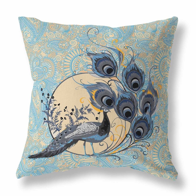 Skyblue And Dutch Paisley Peacock Dreams Indoor/Outdoor Throw Pillow