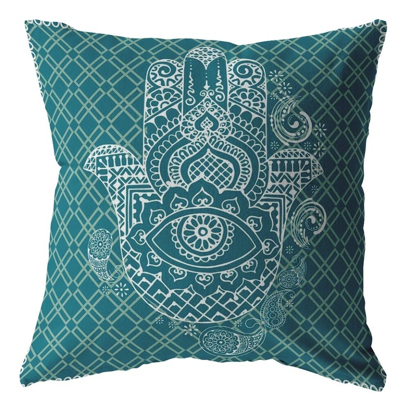 16" Teal White Hamsa Suede Zippered Throw Pillow