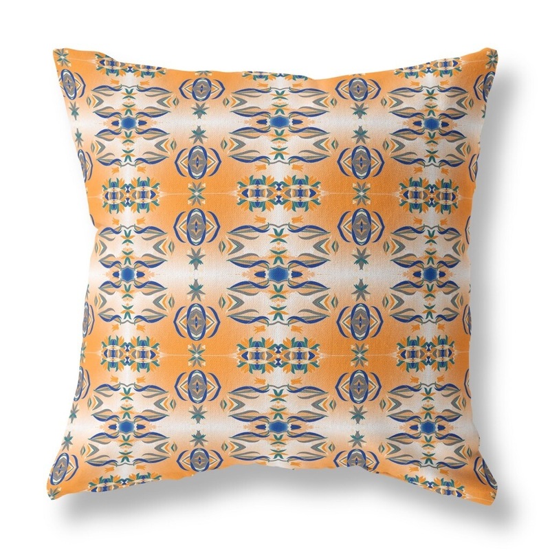 16" Orange Blue Patterned Indoor Outdoor Zippered Throw Pillow