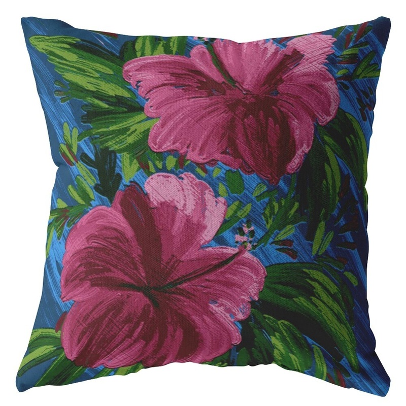 16" Pink Blue Hibiscus Indoor Outdoor Zippered Throw Pillow