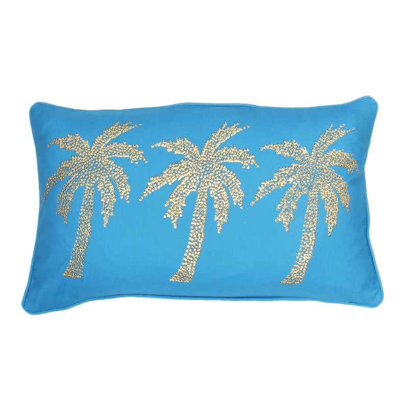 Thro Patty Palm Tree Faux Linen Golden Stud Design Throw Pillow