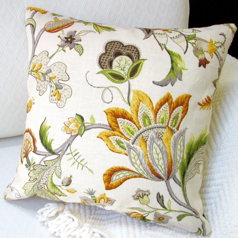 Artisan Pillows Indoor 20-inch Garden Flowers in Amber Jacobean Pattern Modern French Cottage Floral Accent Throw Pillow
