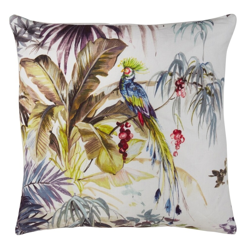 Tropical Bird Down Filled Linen Throw Pillow