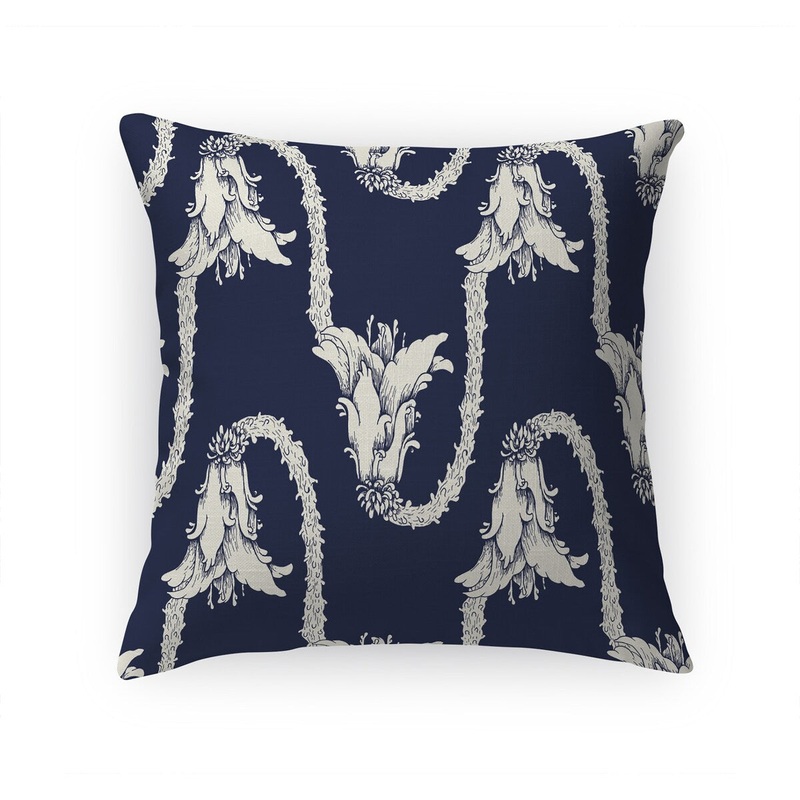 TRUMPET FLORAL NAVY Linen Throw Pillow By Becky Bailey