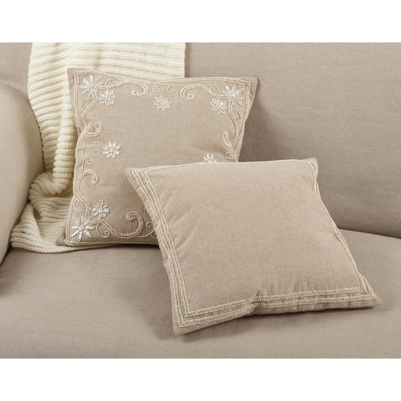 Beaded Sequin Floral Design Cotton Down Filled Throw Pillow